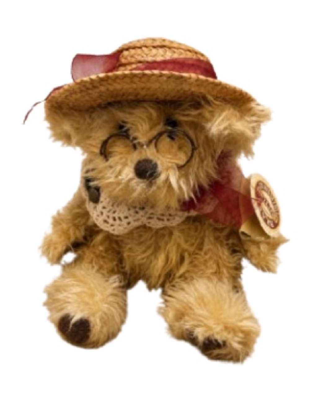 Vintage Crochet Teddy Bear with Straw Hat – Collector’s Display Piece